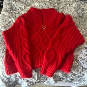 MNG Red Turtleneck Sweater with Cable Knit Design